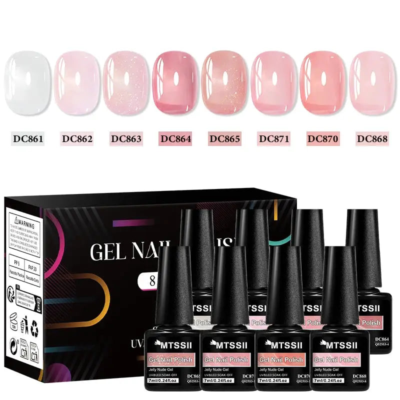 Gel nail polish set: 8 nude jelly shades with box by Simples Market, UV/LED soak-off.