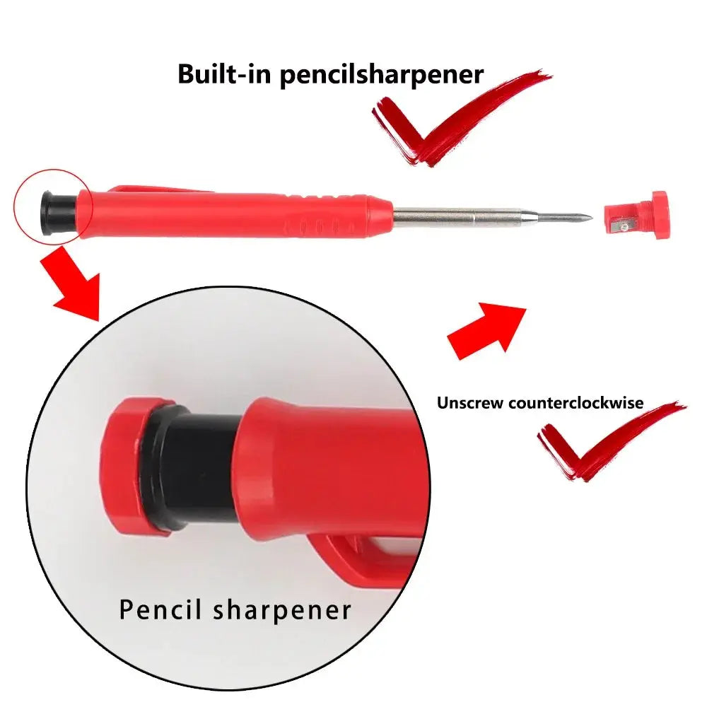 Simples Market red carpenter mechanical pencil with built-in sharpener and long head, includes spare cap.