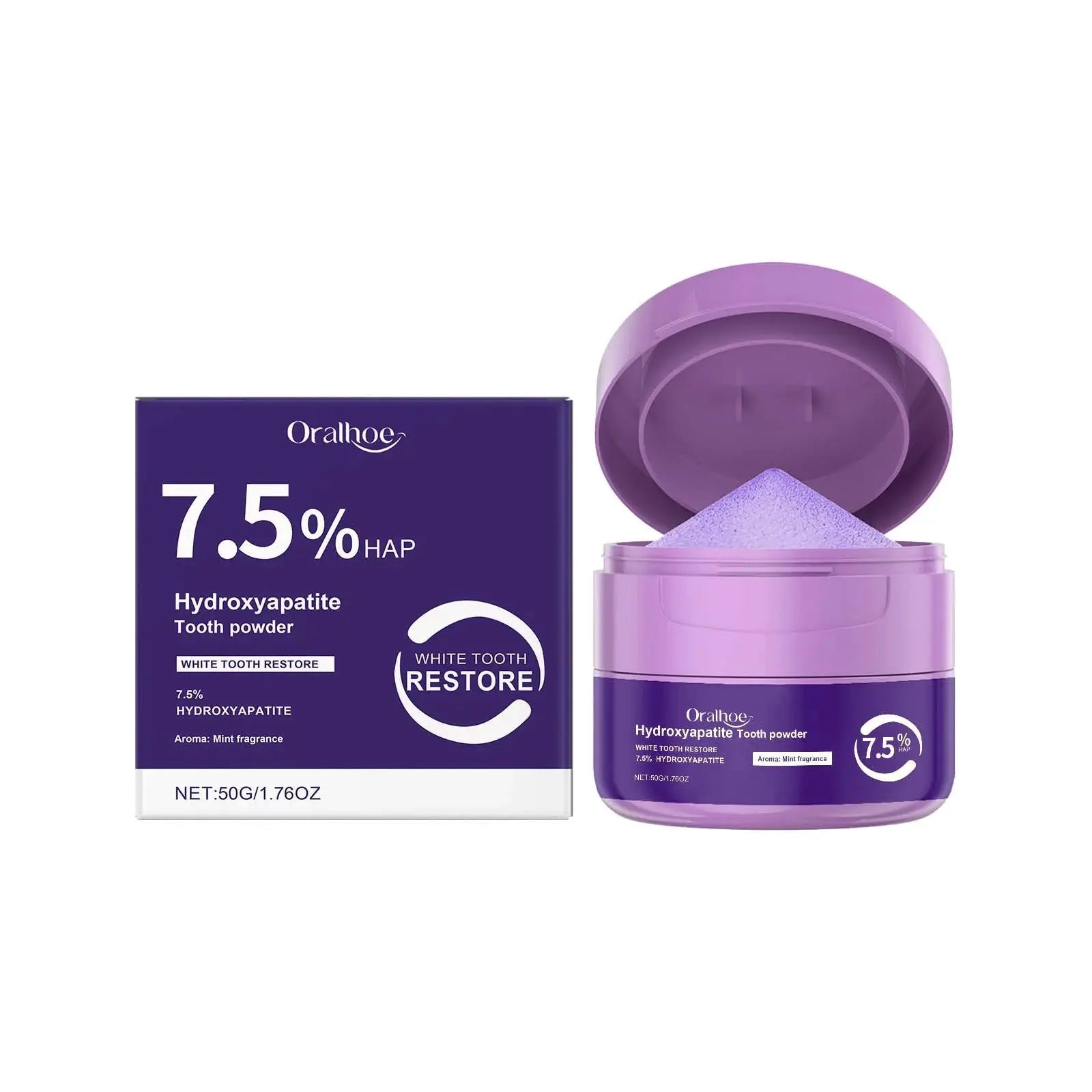 Oralhoe whitening tooth powder, 7.5% hydroxyapatite, in purple jar with matching box
