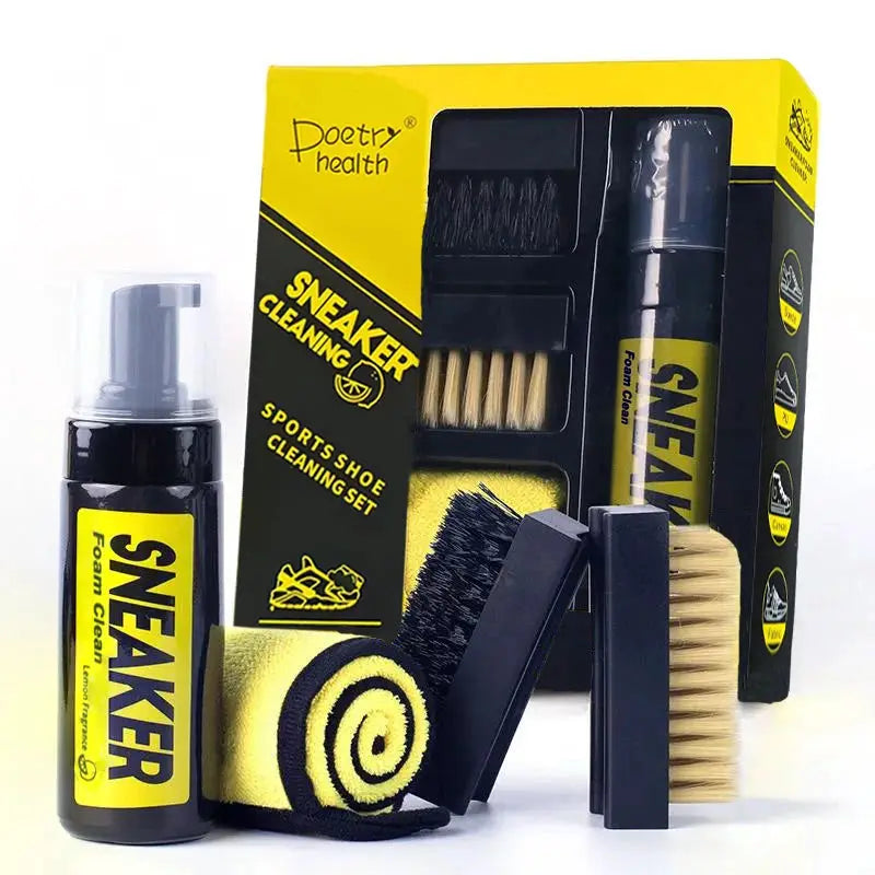 1 set sneaker cleaning kit with foam cleaner bottle, brushes and cloth; Poetry Health yellow/black packaging