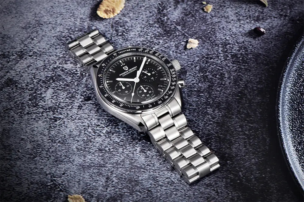 PAGANI DESIGN men's chronograph watch with ceramic bezel and stainless steel bracelet
