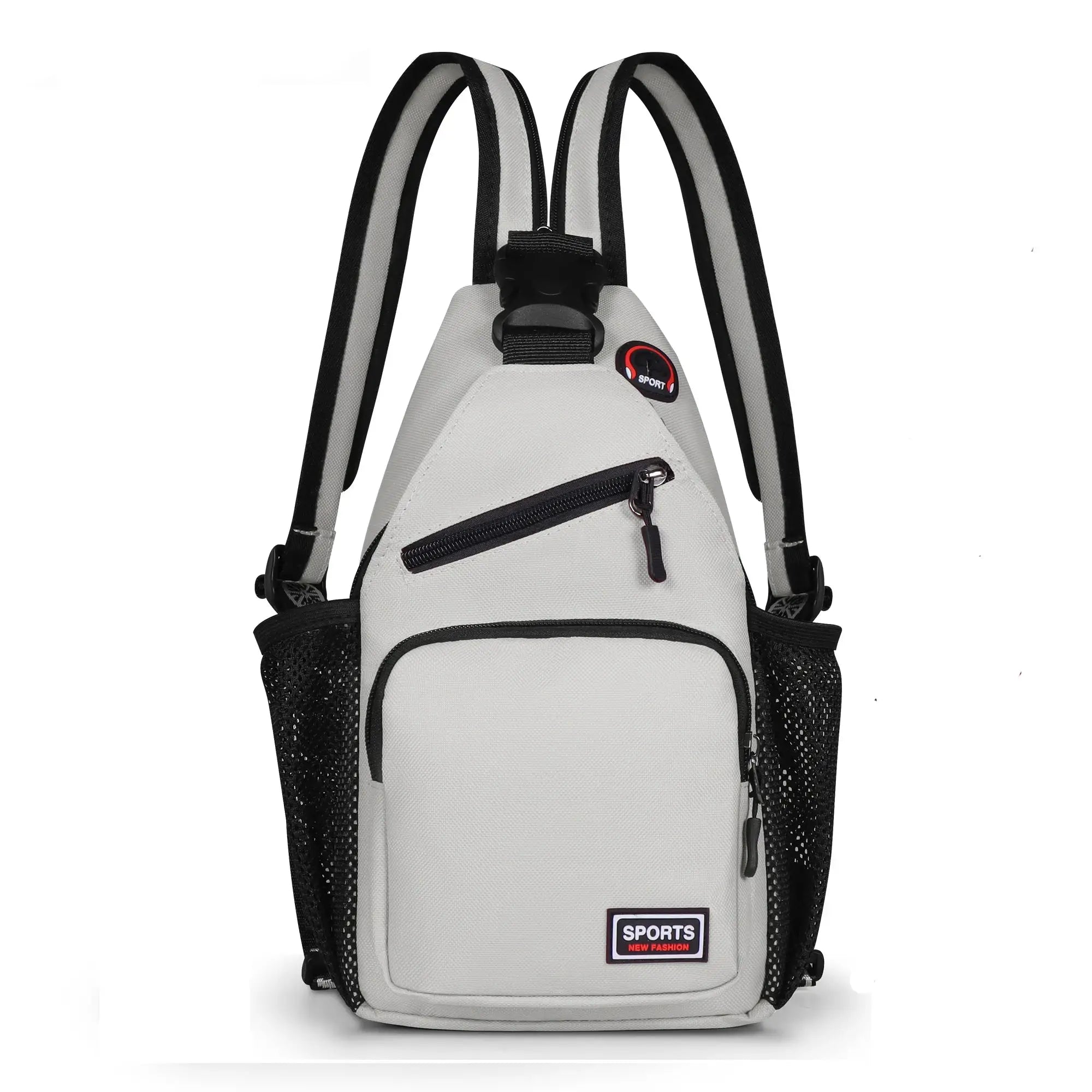 Women chest bag backpack in gray Oxford fabric with black trim; front zip pocket and mesh side pocket, Sports New Fashion patch.