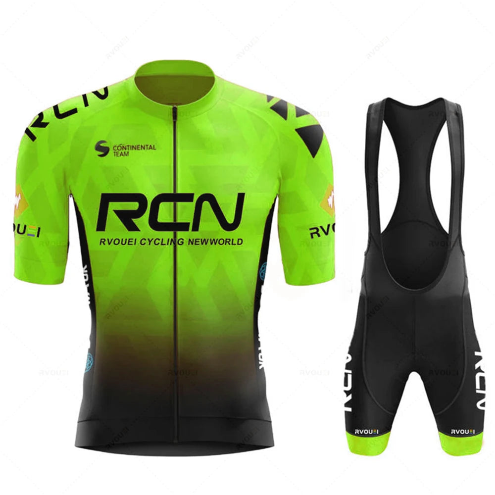 Cycling jersey and bib shorts set in neon green and black with RVOUEI branding.
