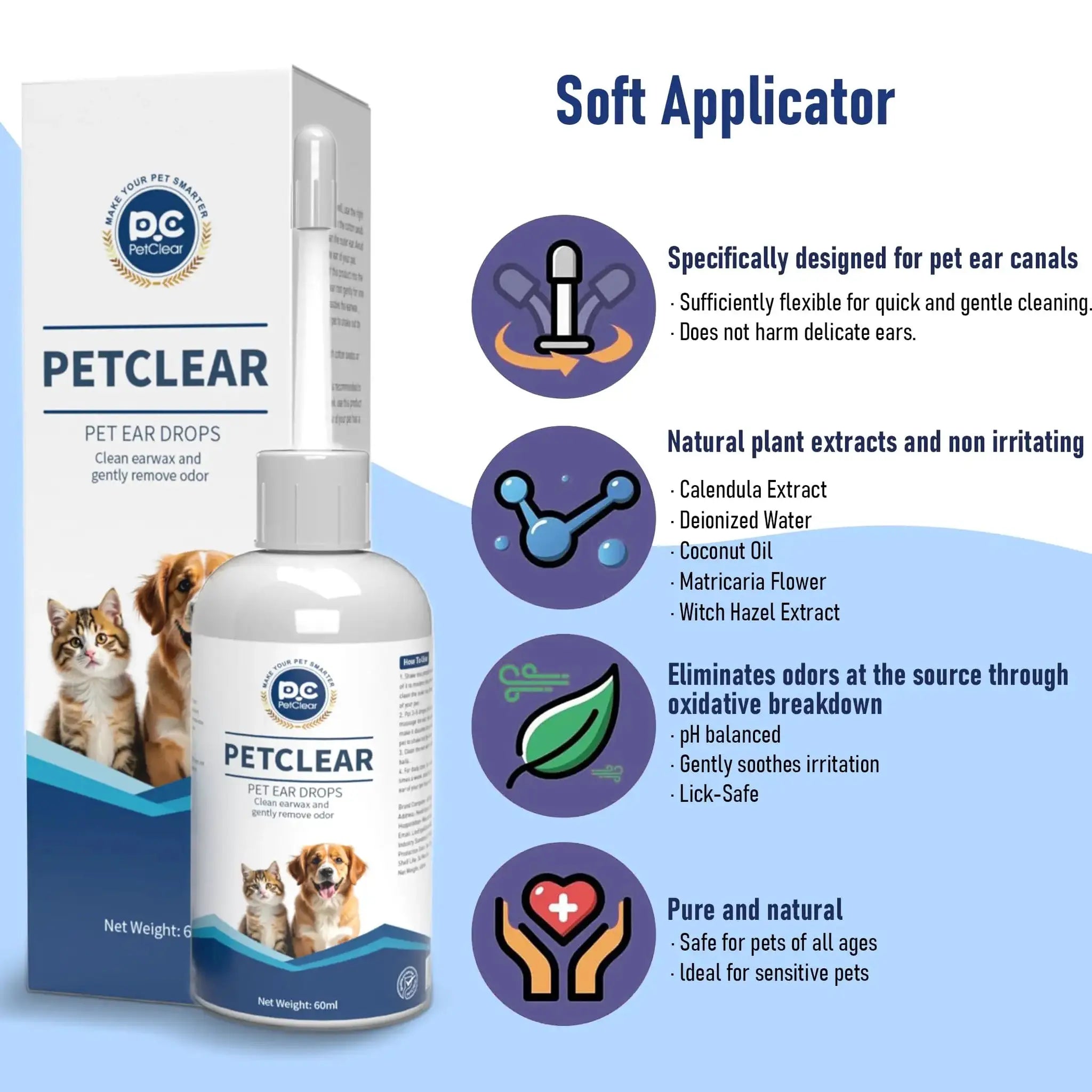 PetClear 60ml Natural Ear Drops by Simples Market; includes soft dropper bottle and box with dog and cat photos.