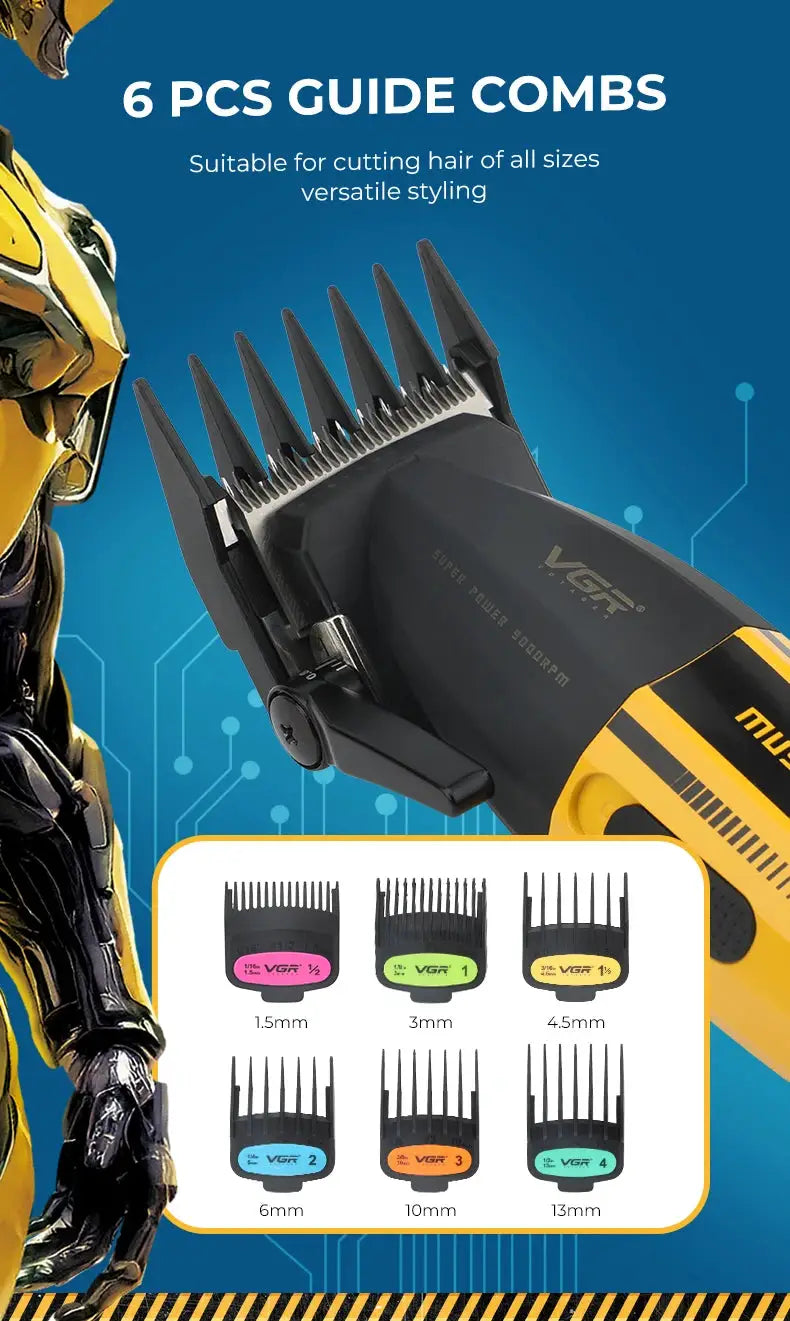 VGR professional hair trimmer with yellow and black body and six guide combs (1.5–13mm)