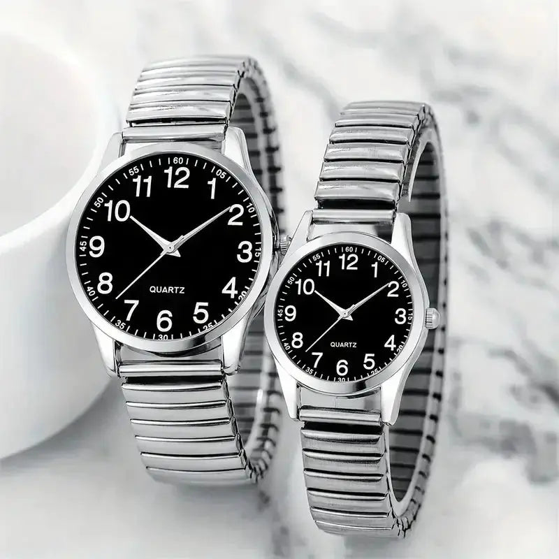 LuxeTime Quartz Watch Set For Men And Women With Black Dial Arabic Numerals And Elastic Alloy Band Gift Set