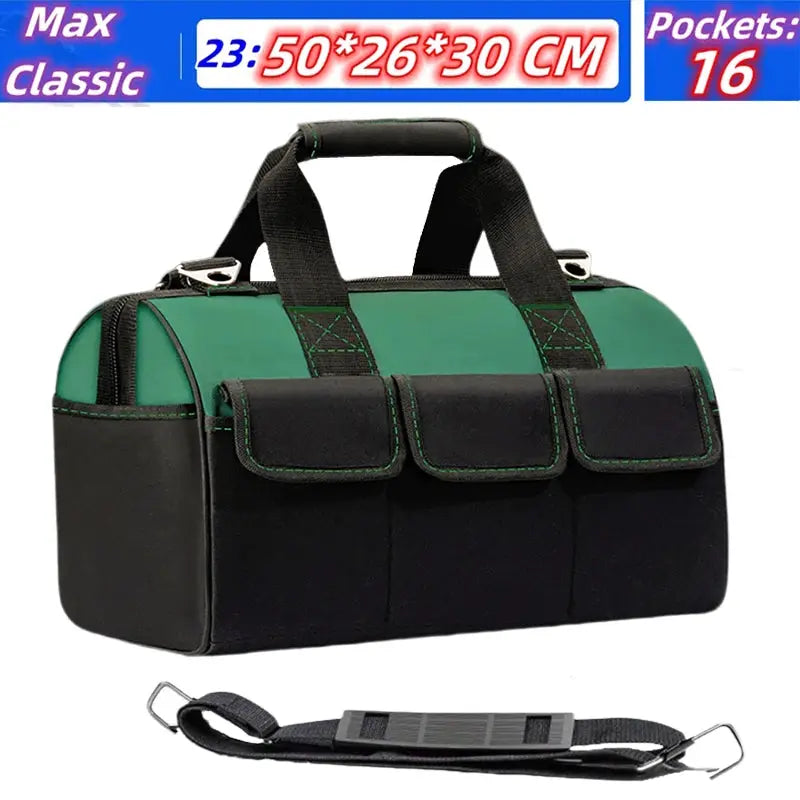 Tool bag 23-inch height, green and black Oxford fabric, large capacity with 3 front pockets and padded handles.