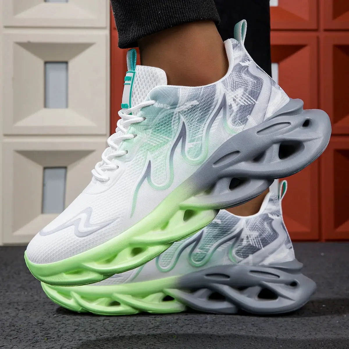 Unisex running shoes by Simples Market; white mesh upper with neon green accents and sculpted gray sole.