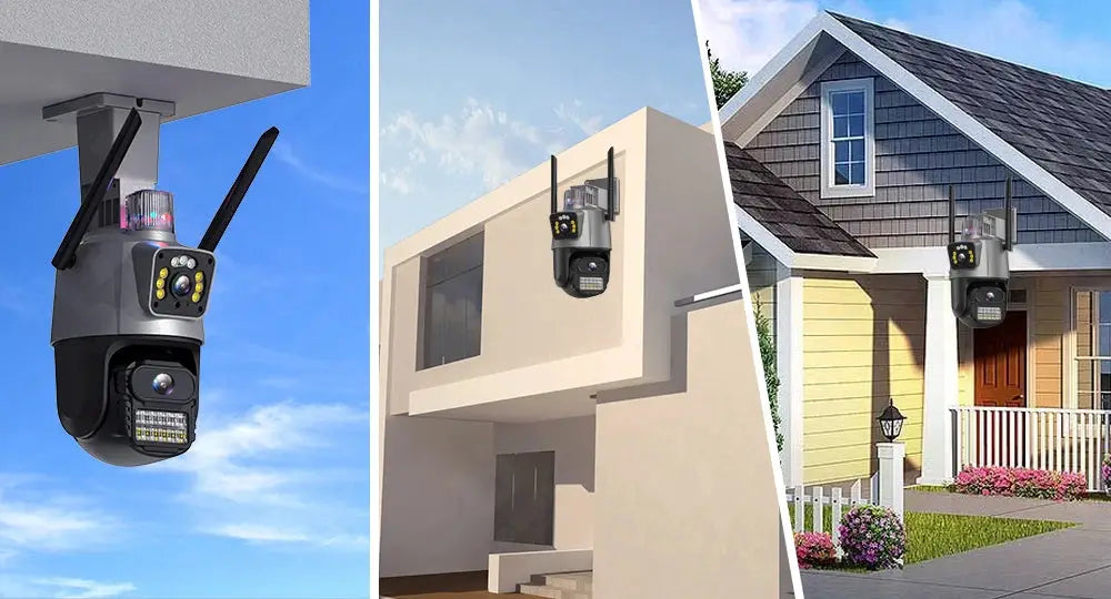 Outdoor wifi PTZ camera shown in three mounting views, gray/black, dual-lens, 4K/8MP, AI auto-tracking