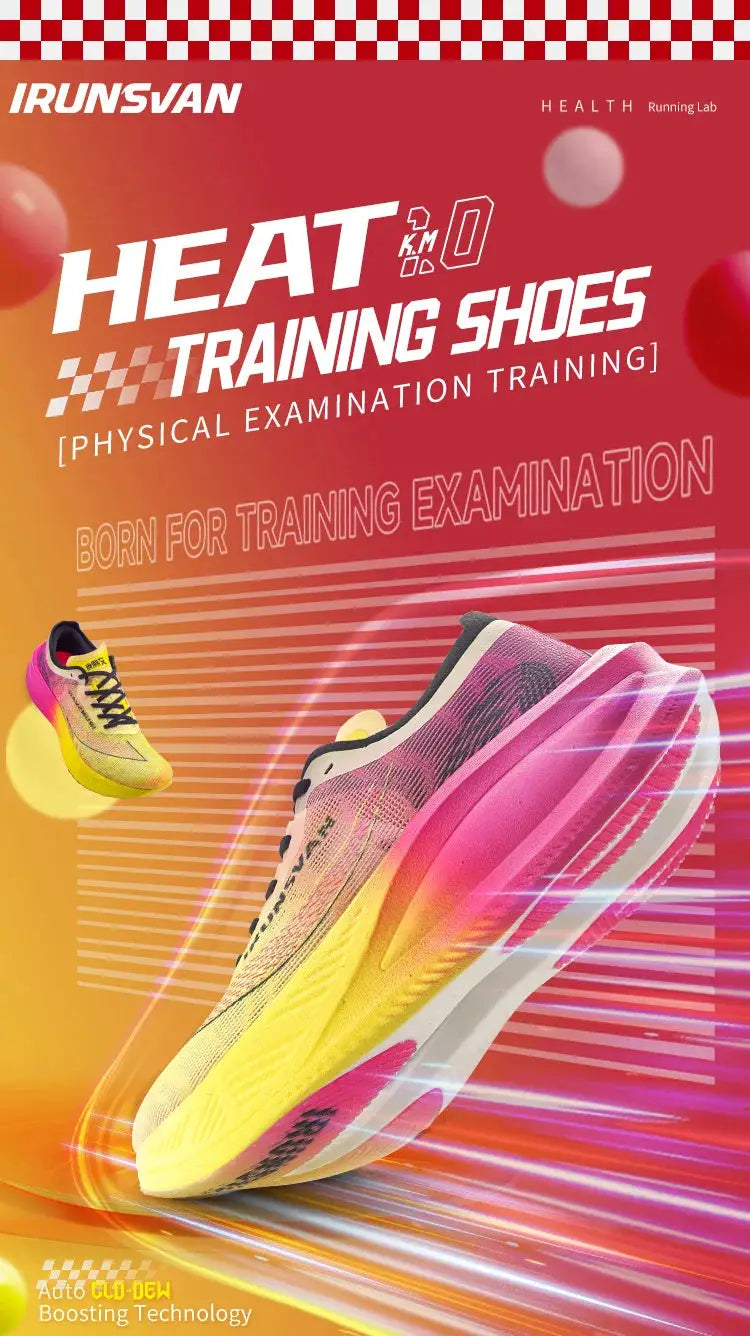 IRUNSVAN nylon carbon-plate marathon running shoes for men and women; neon yellow and pink gradient sneakers, two shown