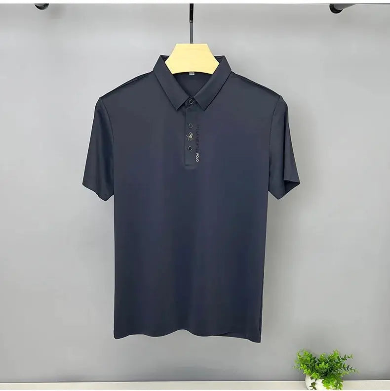 Men's ice silk polo shirt, navy blue, short sleeves with embroidered placket detail