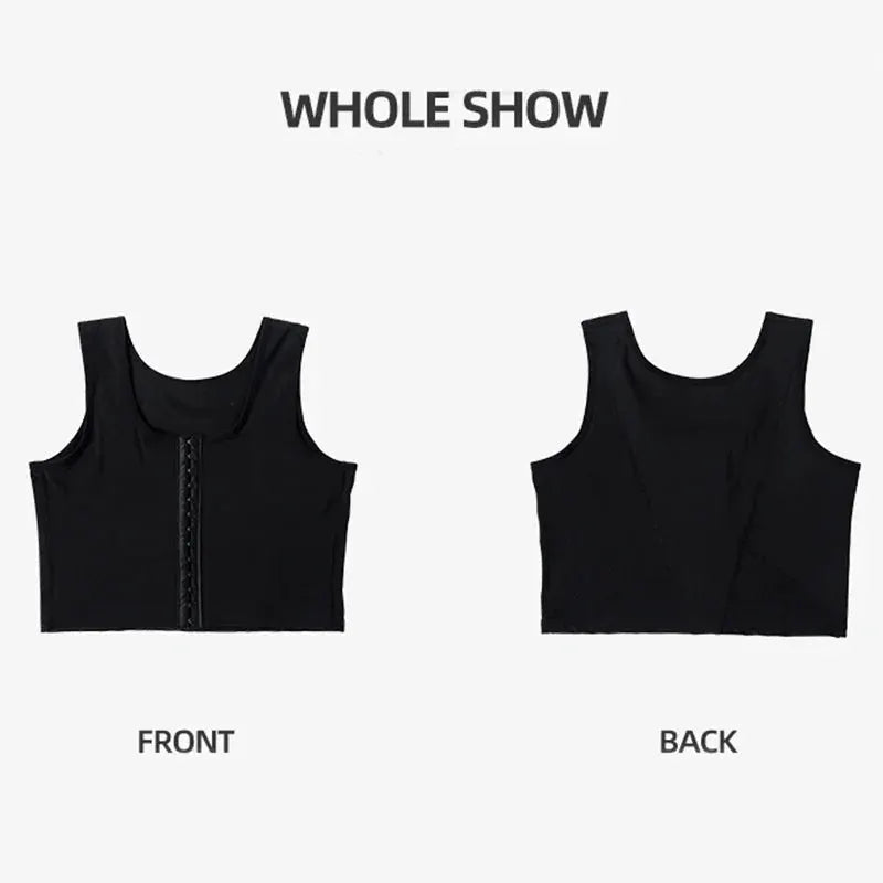 Men's black gynecomastia shaper vest with front hook closure for abdomen slimming and chest control front/back views.