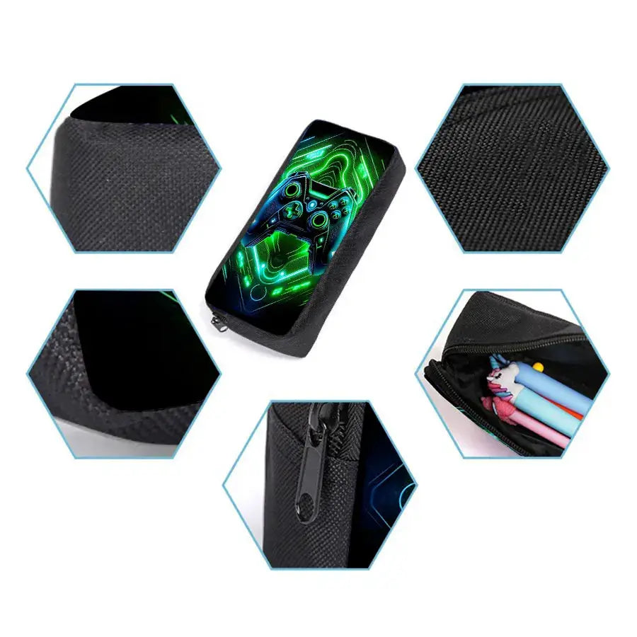 Black game-console pattern three-piece backpack set with zipper pouch and textured fabric