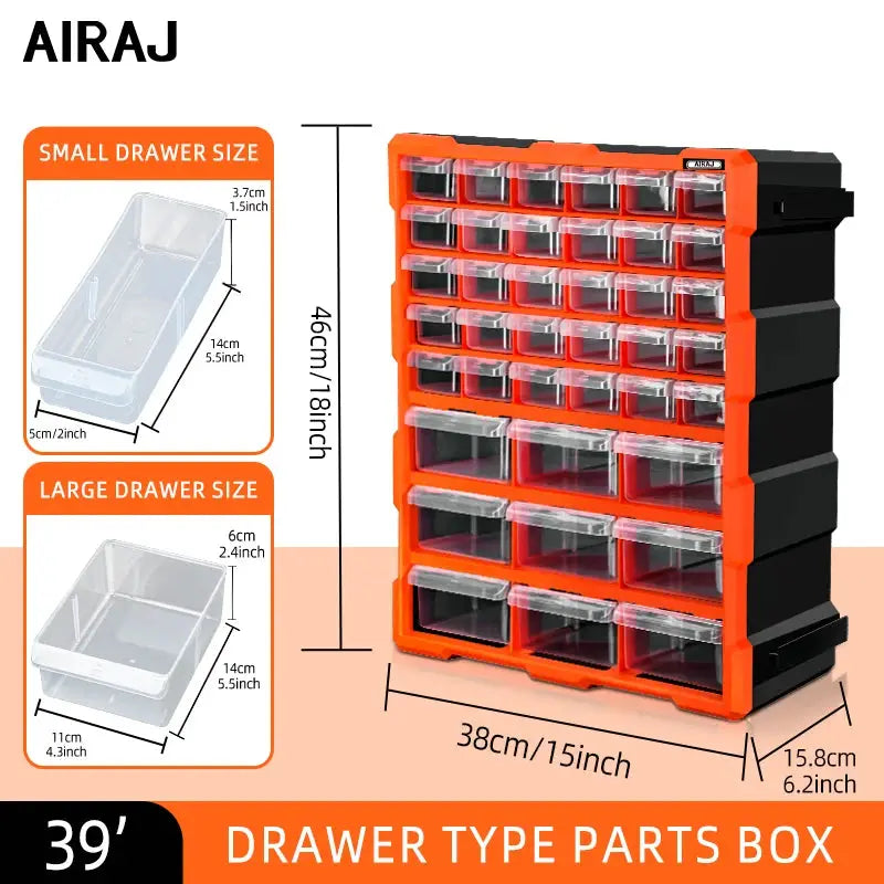 AirAJ 39-drawer parts box storage organizer with transparent drawers, orange frame, and black base