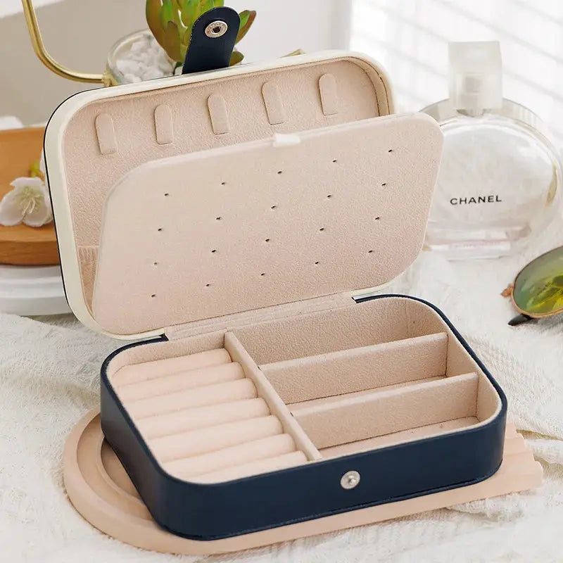 VoyageLux Leather Portable Jewelry Storage Box Travel Organizer For Earrings Necklaces Rings Case