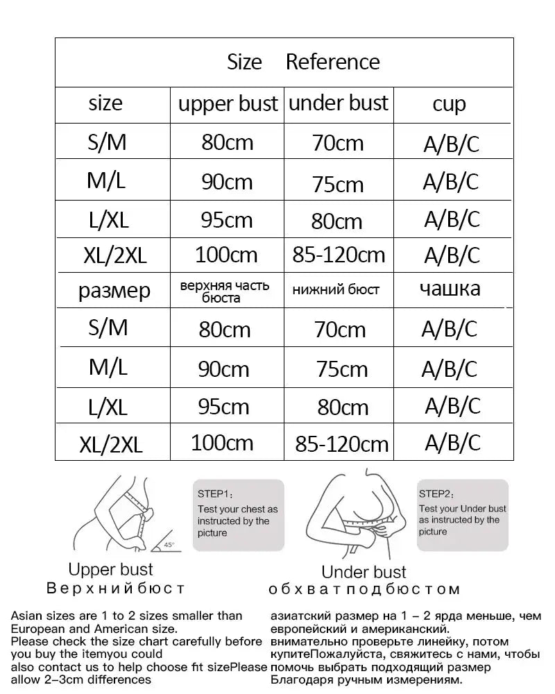 Lace bralette by Simples Market size chart with upper/under bust cm measurements for S/M–XL/2XL and diagrams.