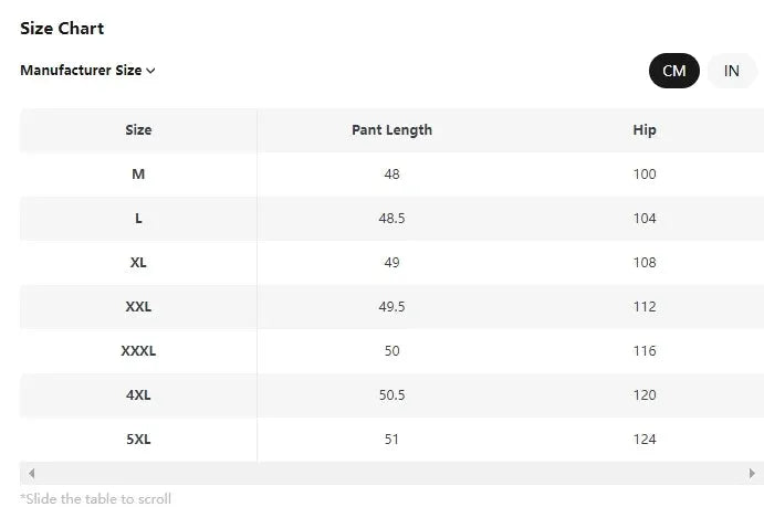 Simples Market men's ice silk casual shorts size chart showing pant length and hip measurements from M to 5XL.