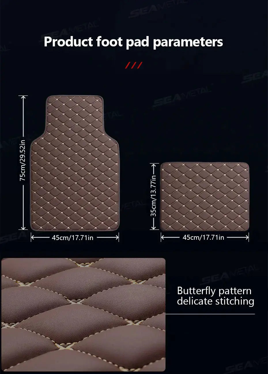 SEAMETAL brown quilted car floor mats set with butterfly-stitch pattern by Simples Market; front driver mat and rear mat