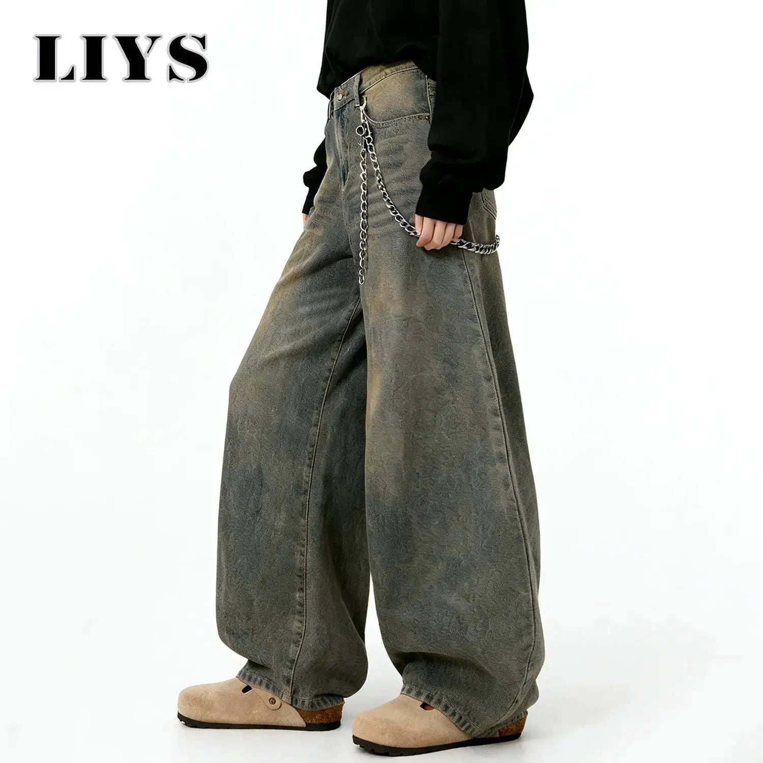 LIYS American Retro baggy wide-leg jeans in distressed gray denim with metal chain, unisex