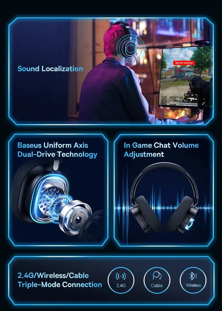 Baseus GH02 gaming wireless headset with mic, over-ear, RGB lighting, 2.4G/Wireless/Cable triple-mode