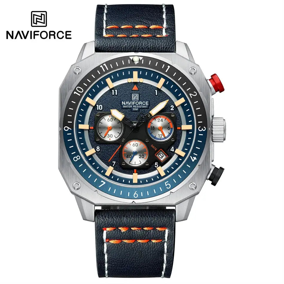 NAVIFORCE men's multifunction sports watch with blue dial, stainless steel case and orange-stitch leather strap