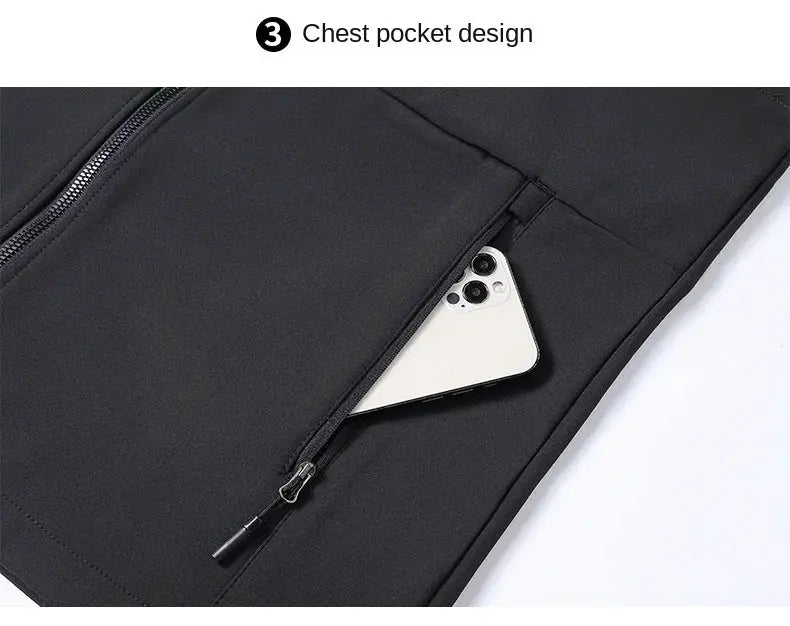 Simples Market men's black soft-shell thick vest with a zip chest pocket holding a smartphone.