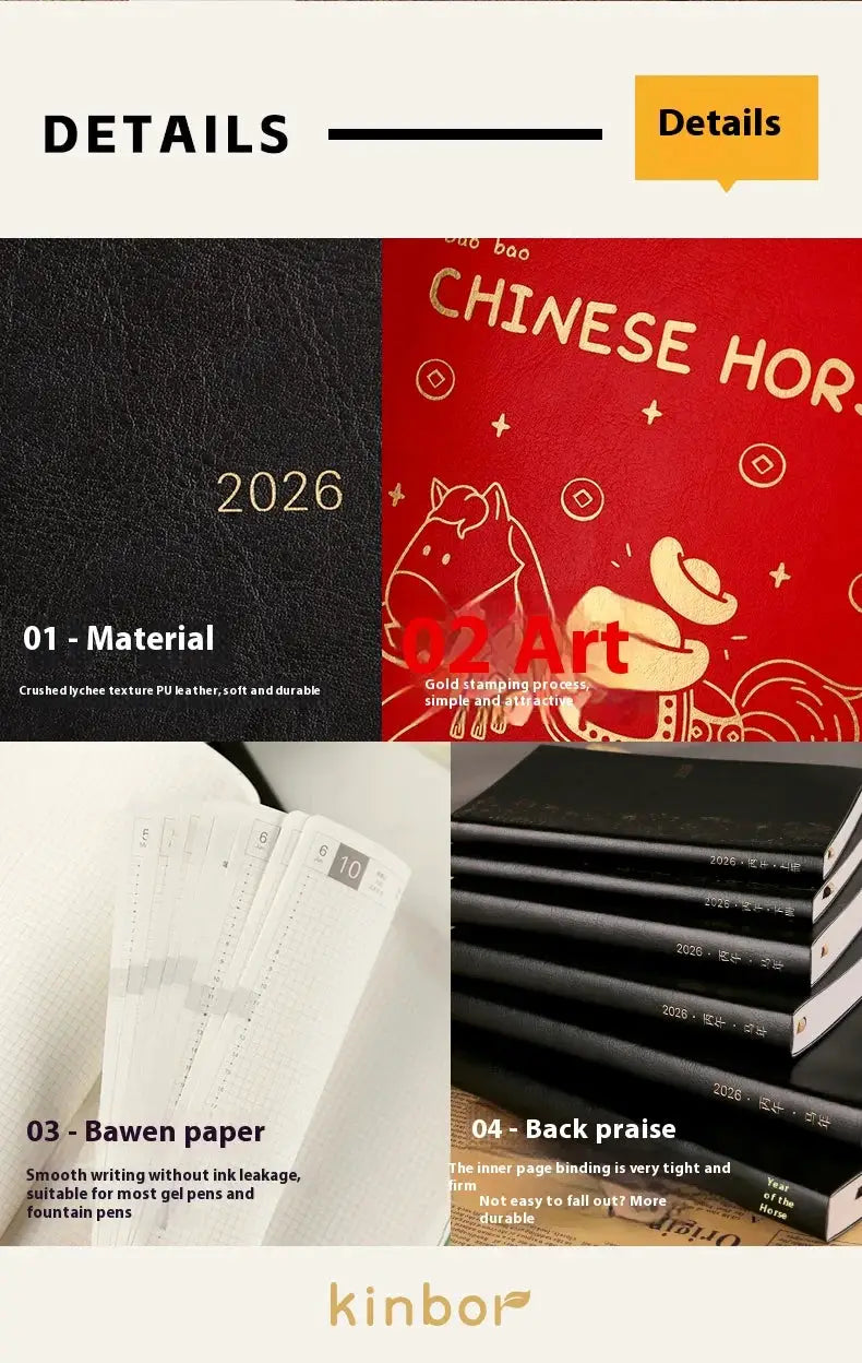 Kinbor 2026 planner notebook with full-year agenda, Simples Market brand, black cover and red artwork