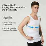 Men's compression undershirt tank top by Simples Market, white with blue midsection arrows.