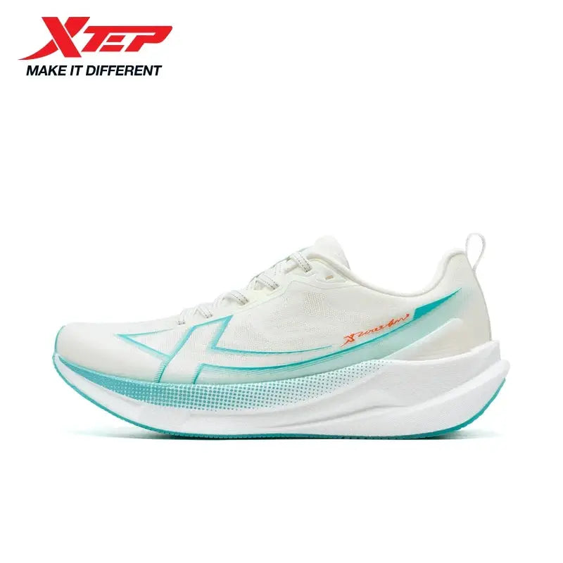 Xtep 2000km 5.0 men's running shoes, white with turquoise accents, cushioned midsole
