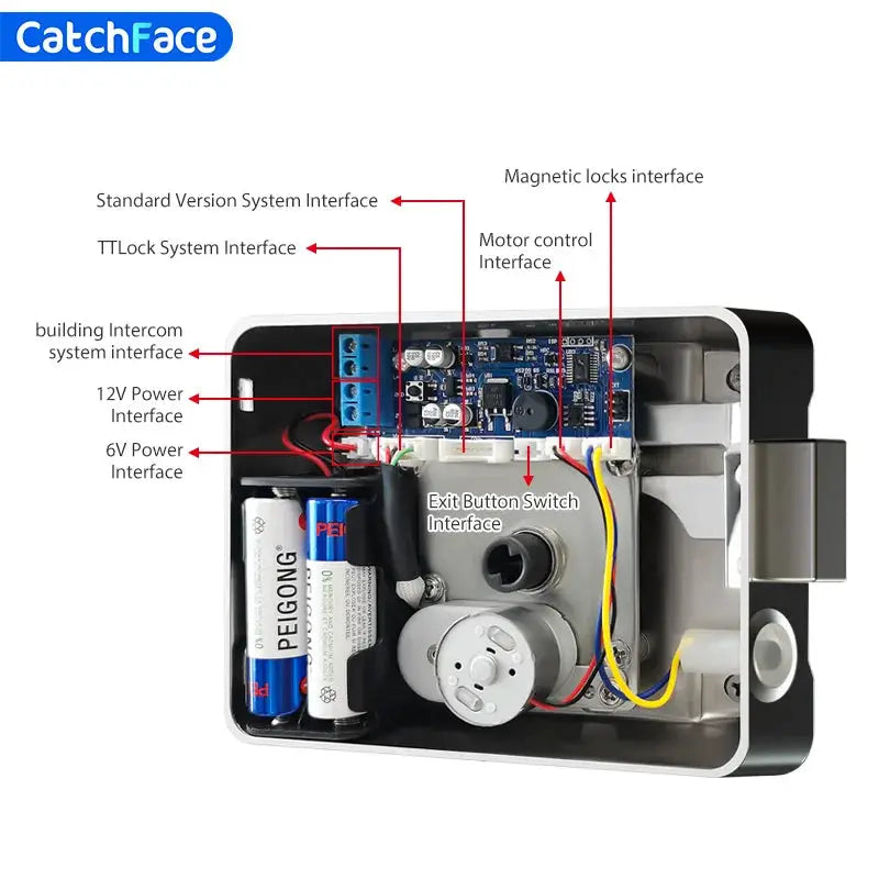 R5 PRO smart door lock interior view with battery pack and circuit board; CatchFace