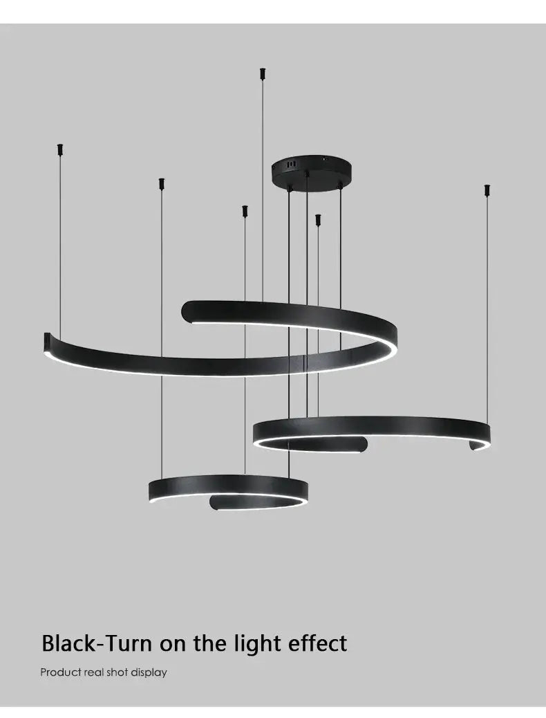 Modern black ring ceiling chandelier with LED lighting, multi-tier circular pendant by Simples Market