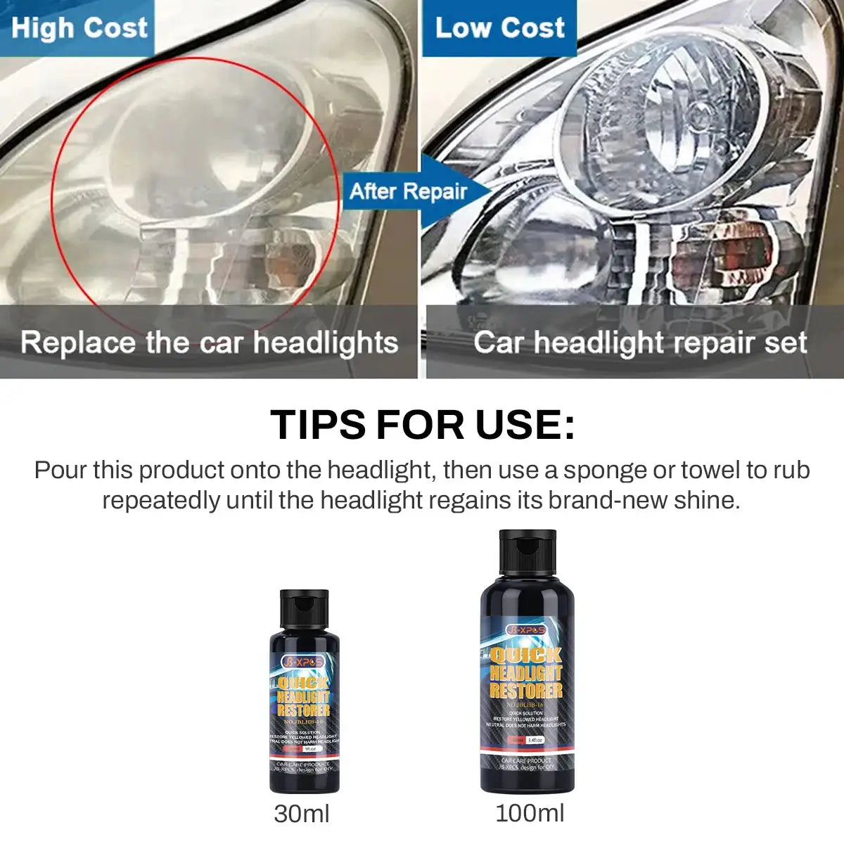 Headlight restoration polish paste; dark blue bottles, 30ml and 100ml, with before-and-after headlamp repair results