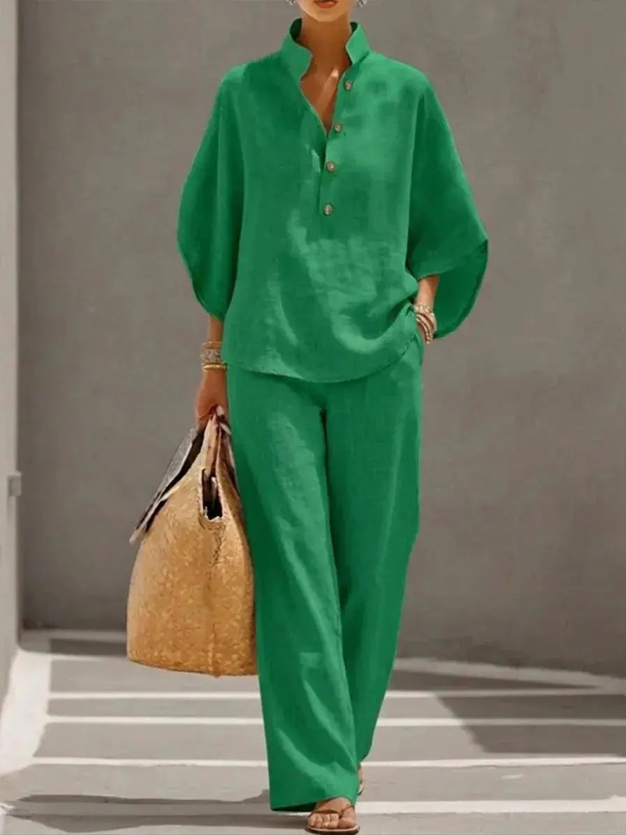 Cotton Linen Pant Set Women Stand Collar Button Top Wide Leg Trousers