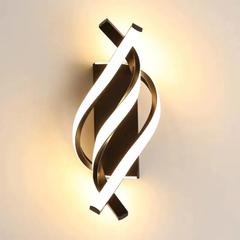 Curved spiral LED wall lamp in bronze finish with white LED strips for bedroom or hallway