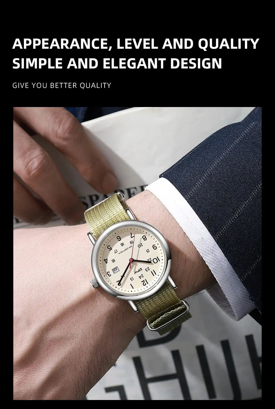 Simples Market 2026 TPW field watch with beige dial, olive fabric strap, quartz movement, 24-hour display.