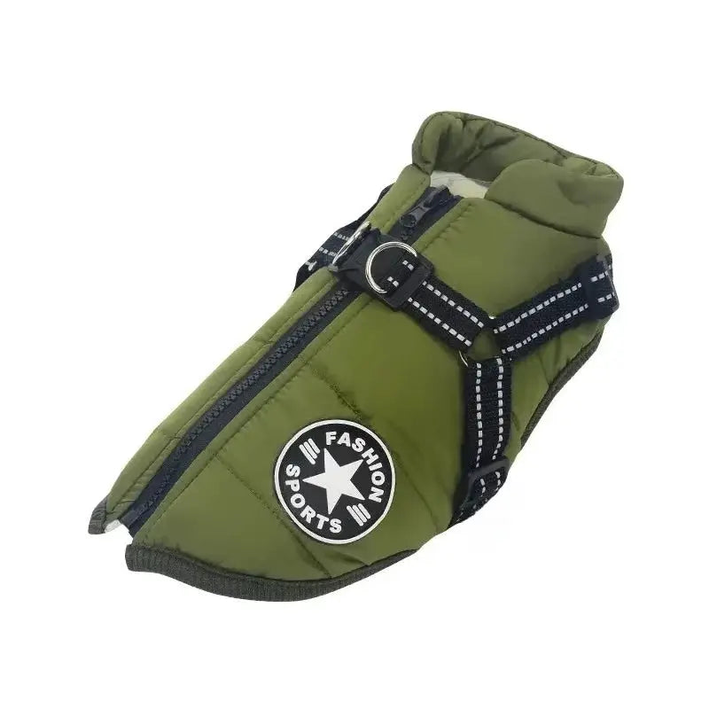 Olive green waterproof dog jacket with built-in harness and adjustable straps.