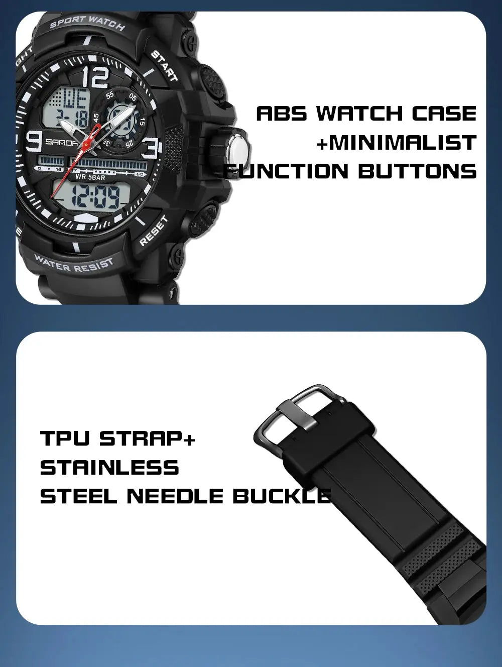 SANDA 6130 dual-display men’s sport watch and TPU strap; black ABS case, stainless steel needle buckle