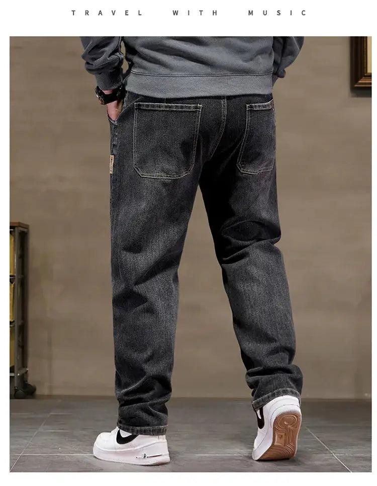 Simples Market extra big black denim jeans for men with high-elastic waist, baggy loose fit, sizes 6XL–8XL