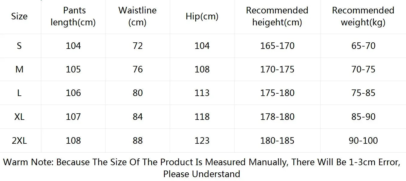 Trousers by Simples Market: European/American cotton-linen size chart with waist, hip and length measurements.