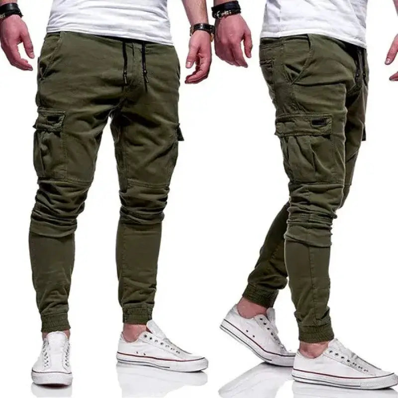 Men's olive green drawstring cargo work pants with multiple pockets; tapered jogger cuffs, two pairs shown.