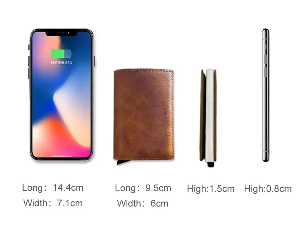 Simples Market anti-theft RFID cardholder wallet, brown leather minimalist design for men and women, smartphone for scale
