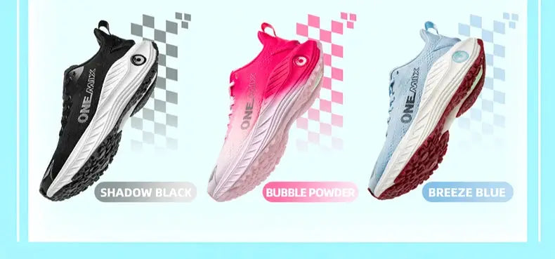 Three O-Resilio running shoes in black, pink, and blue; cushion stability mesh lace-up sneakers by Simples Market.
