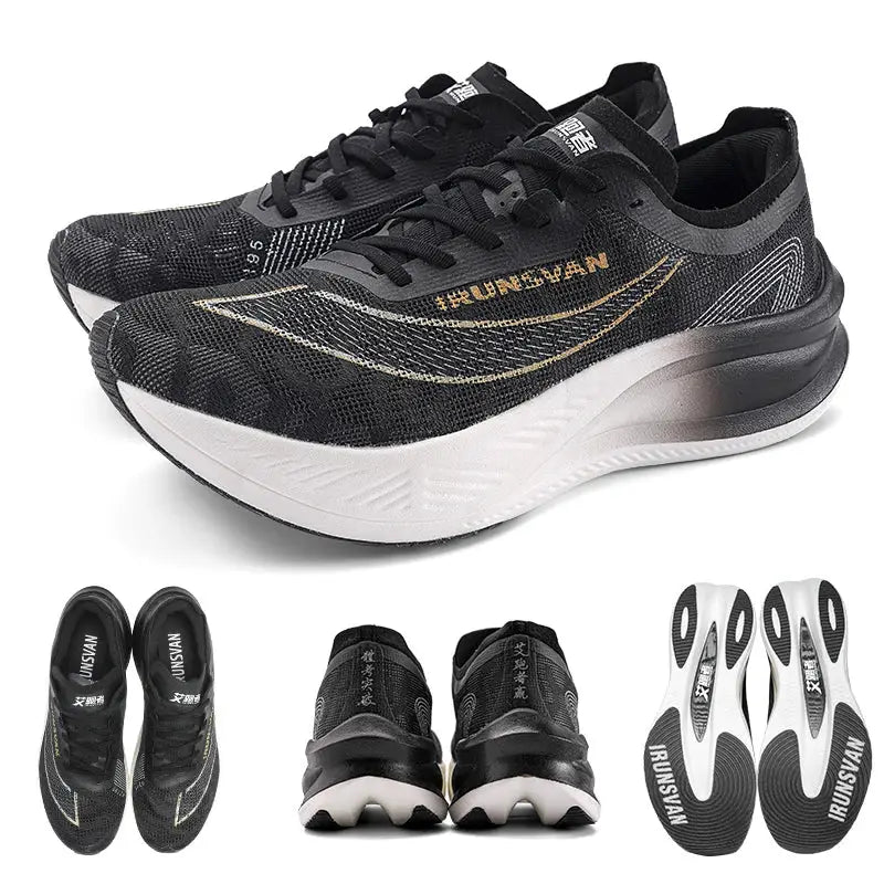IRUNSVAN nylon carbon-plate running shoes, black with white sole, lightweight marathon training sneakers