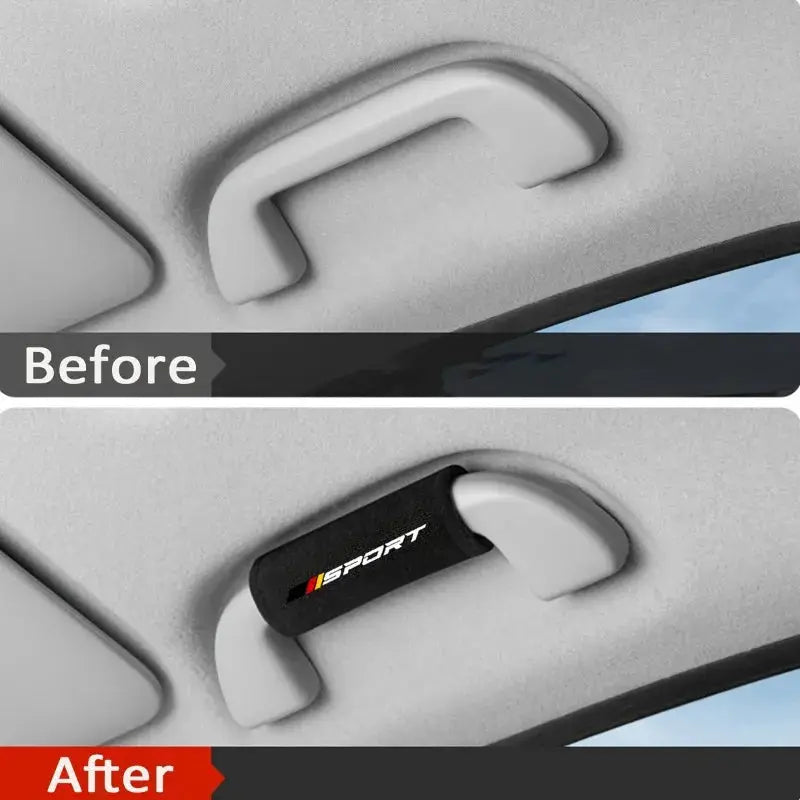 Fluff car door handle protector cover, black fabric with SPORT branding, 1 pc for interior armrest/roof handle