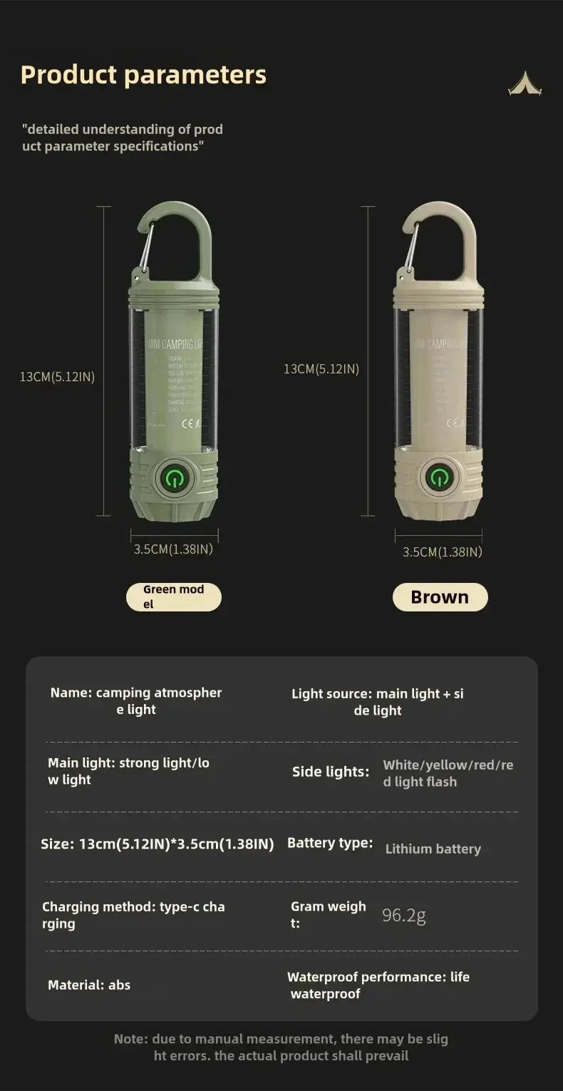 Simples Market camping LED light set: green and brown rechargeable flashlights with carabiner (2 pieces)