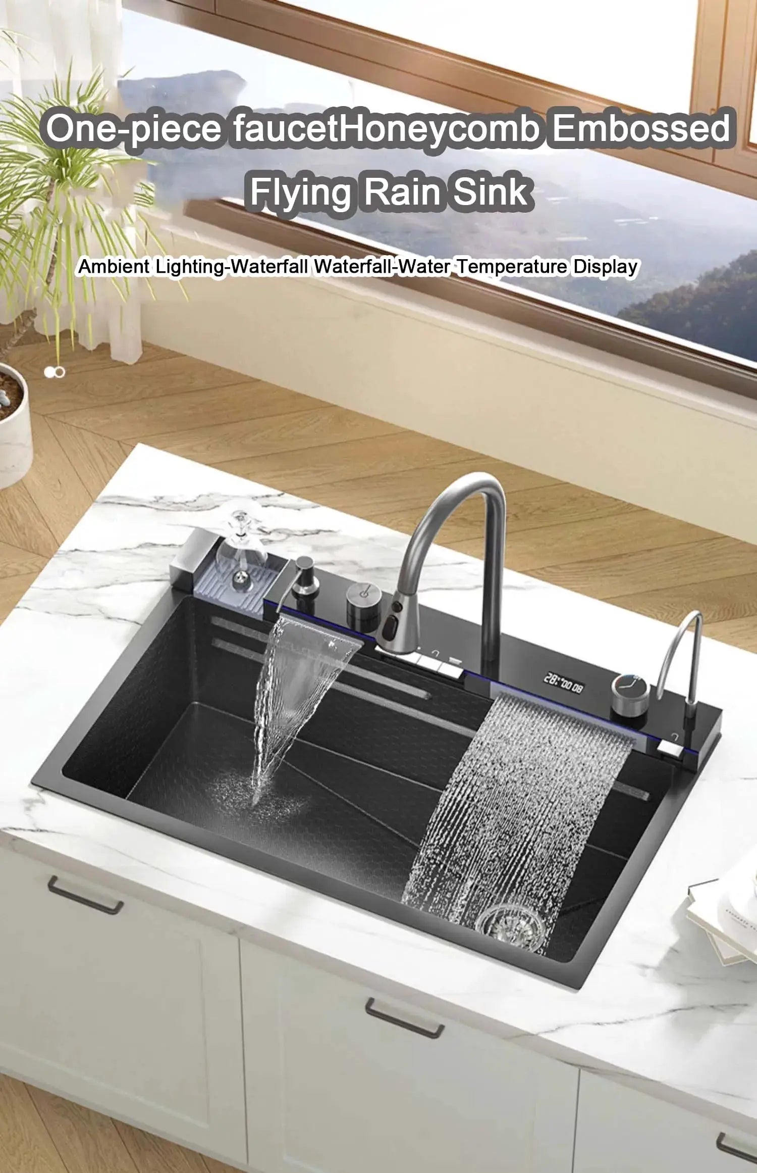 Integrated waterfall kitchen sink by Simples Market with black basin, stainless faucet, soap dispenser