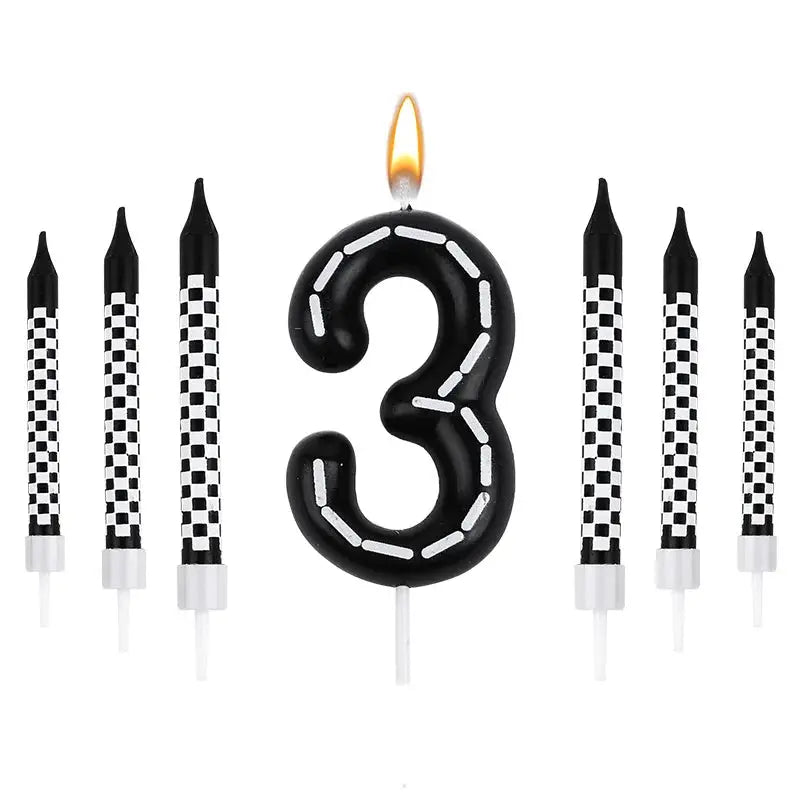 7 Piece Set Racing Car Themed Birthday Number Candles Black White Checkered Cake Topper For Kids Birthday Party