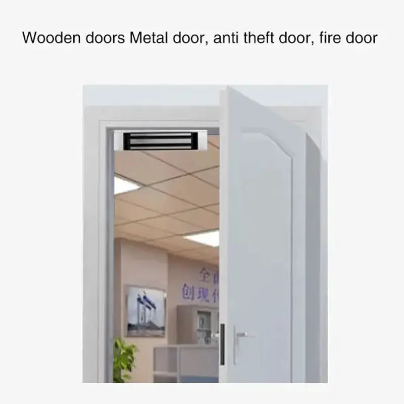 5YOA DC12V electromagnetic lock on a white door frame with 180kg holding force