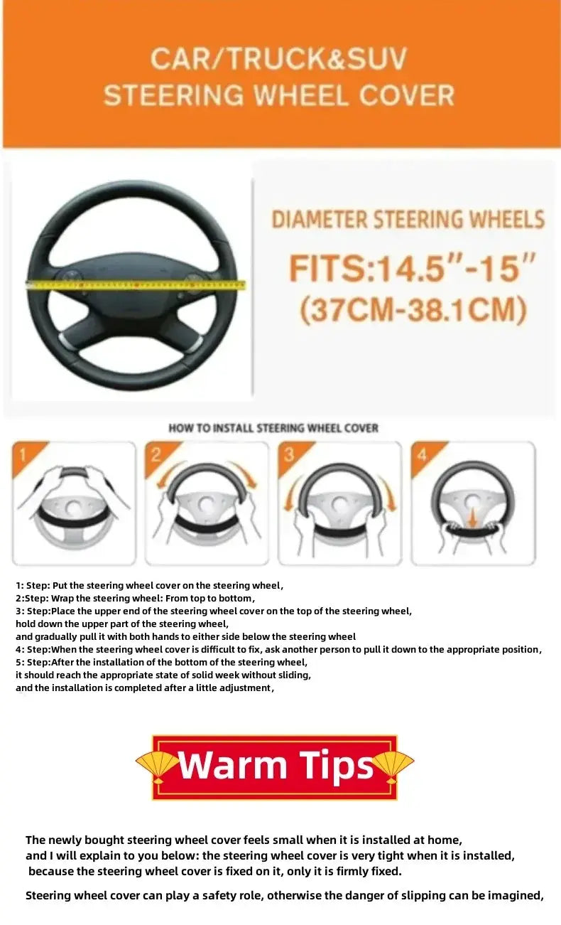 Simples Market PU leather steering wheel cover in black with pink accents, fits 14.5–15 inches.