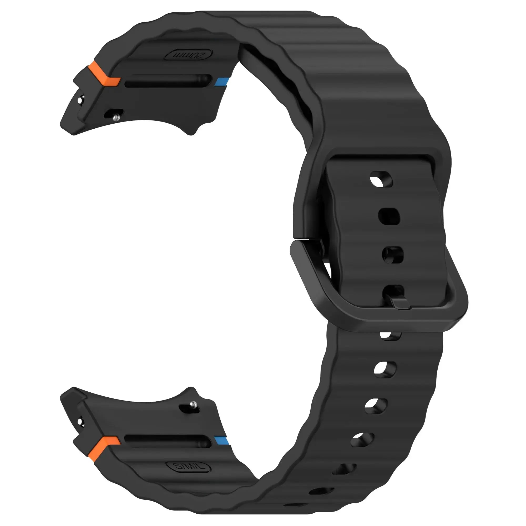 Original silicone sport strap for Samsung Galaxy Watch 7/FE/5 Pro/6/4, black with orange and blue accents, 44mm/40mm